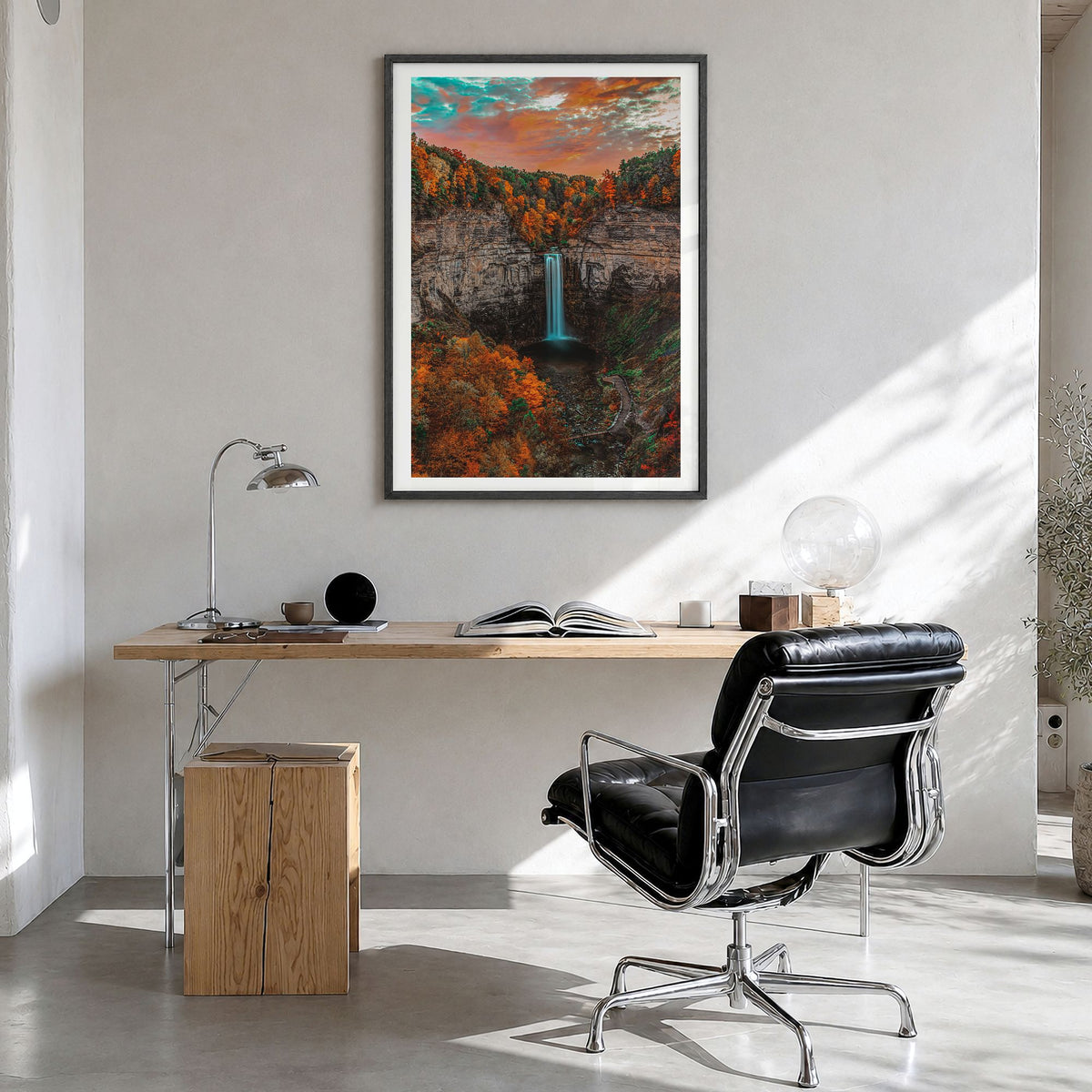 Upstate New York Photo Poster in a black wood frame, hanging in a bright home office, white border
