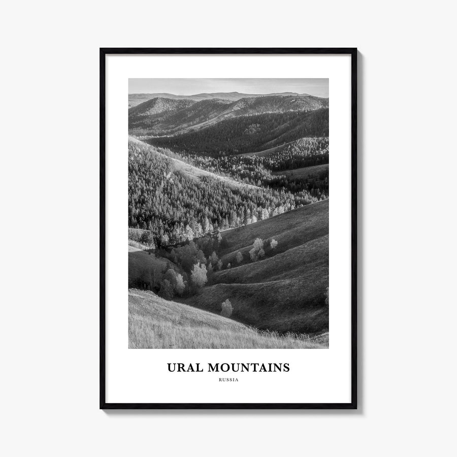 Ural Mountains black & white classic poster of Russia – vertical wall art, unframed print shown in interior mockup