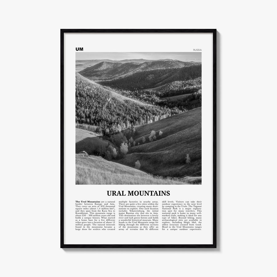 Ural Mountains black & white newspaper poster of Russia – vertical wall art, unframed print shown in interior mockup