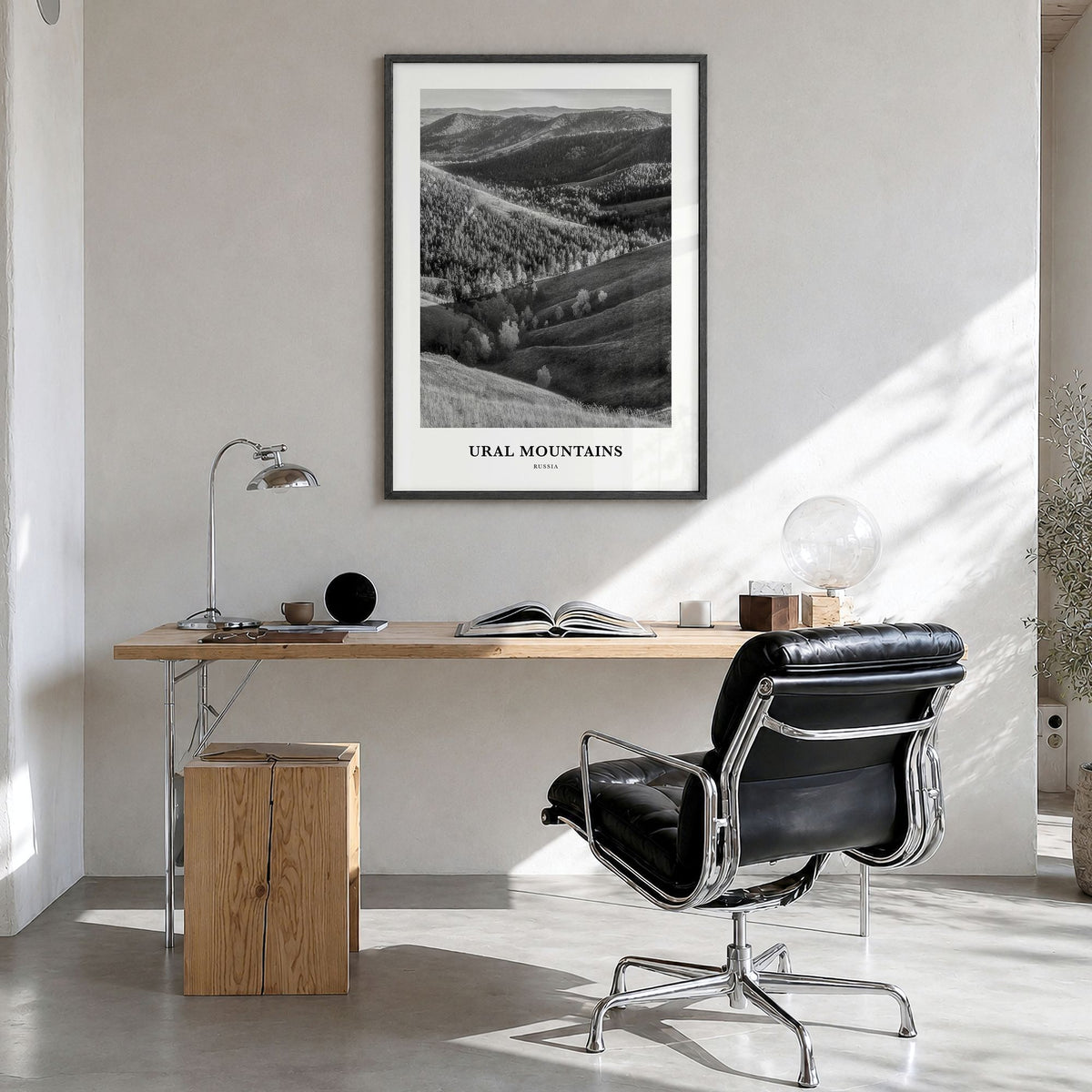 Ural Mountains Classic Poster in a black wood frame, hanging in a bright home office