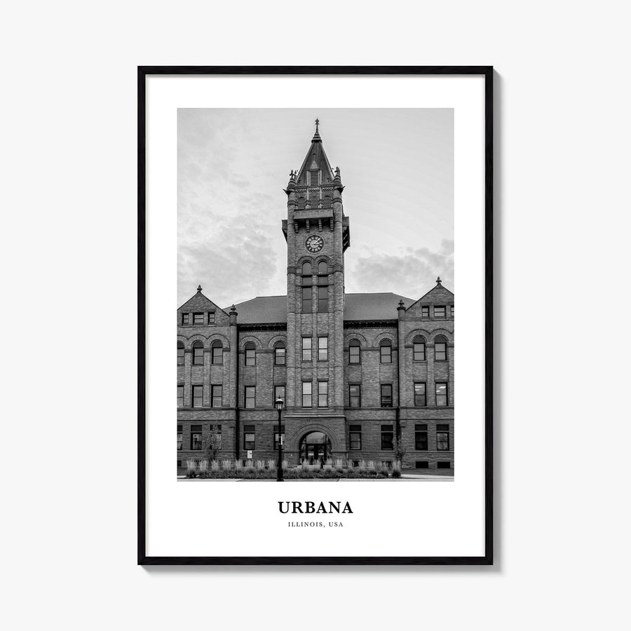 Urbana black & white classic poster of Illinois, USA – vertical wall art, unframed print shown in interior mockup