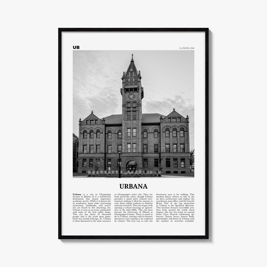 Urbana black & white newspaper poster of Illinois, USA – vertical wall art, unframed print shown in interior mockup