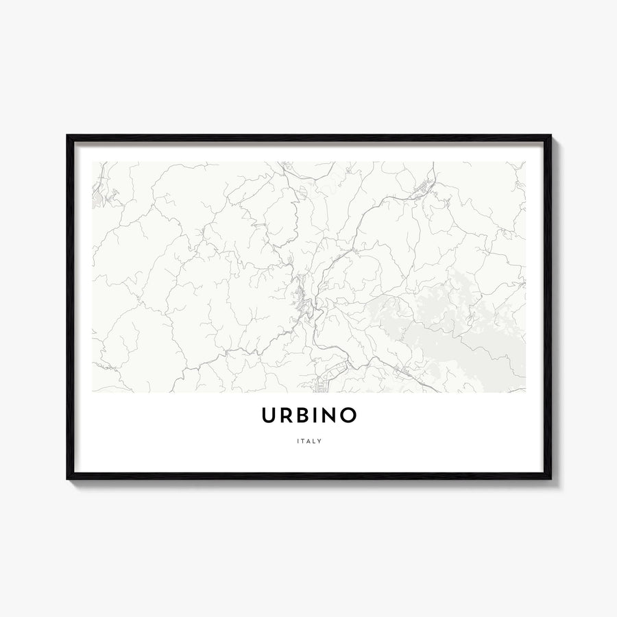 Urbino black & white map poster of Italy – horizontal wall art, unframed print shown in interior mockup