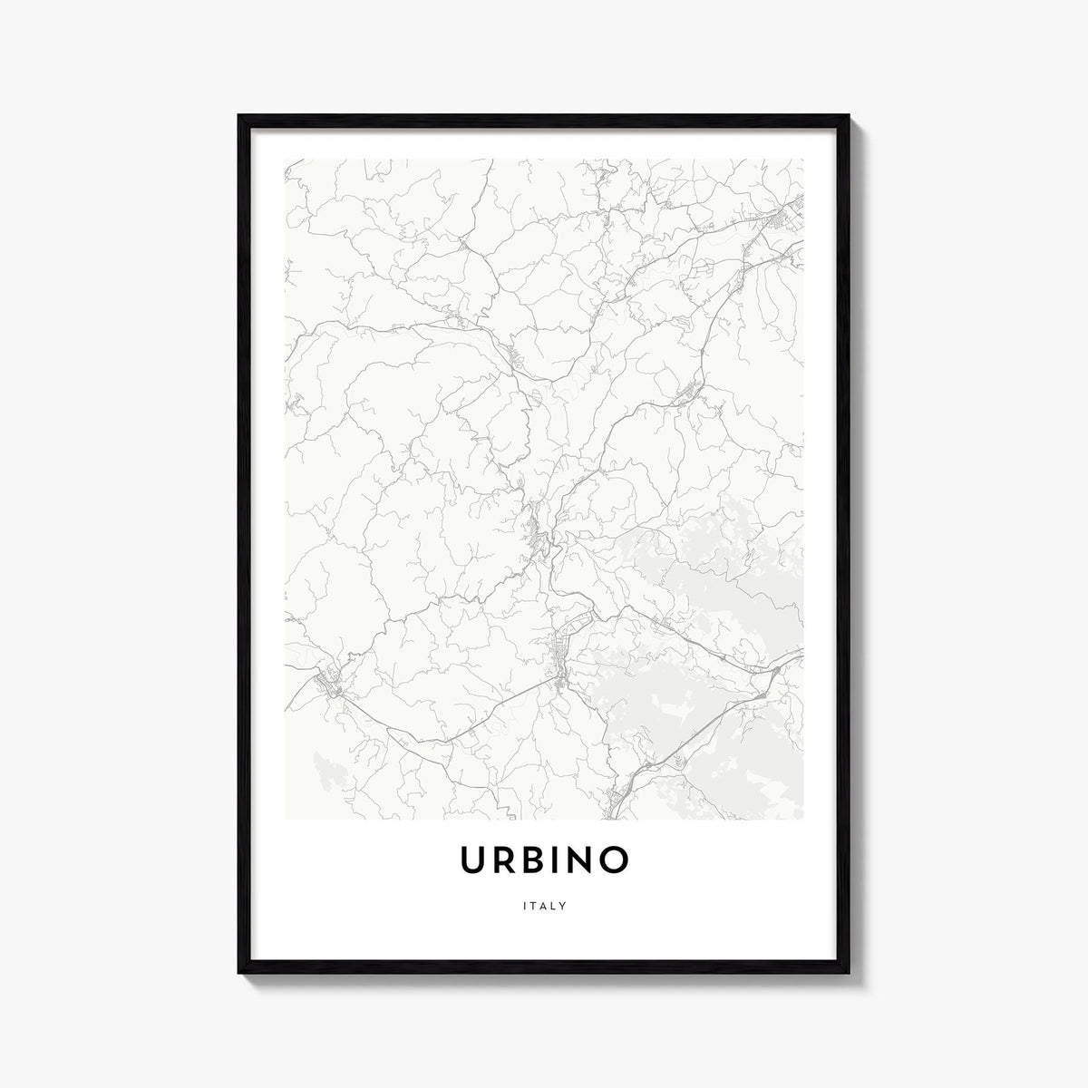Urbino black & white map poster of Italy – vertical wall art, unframed print shown in interior mockup