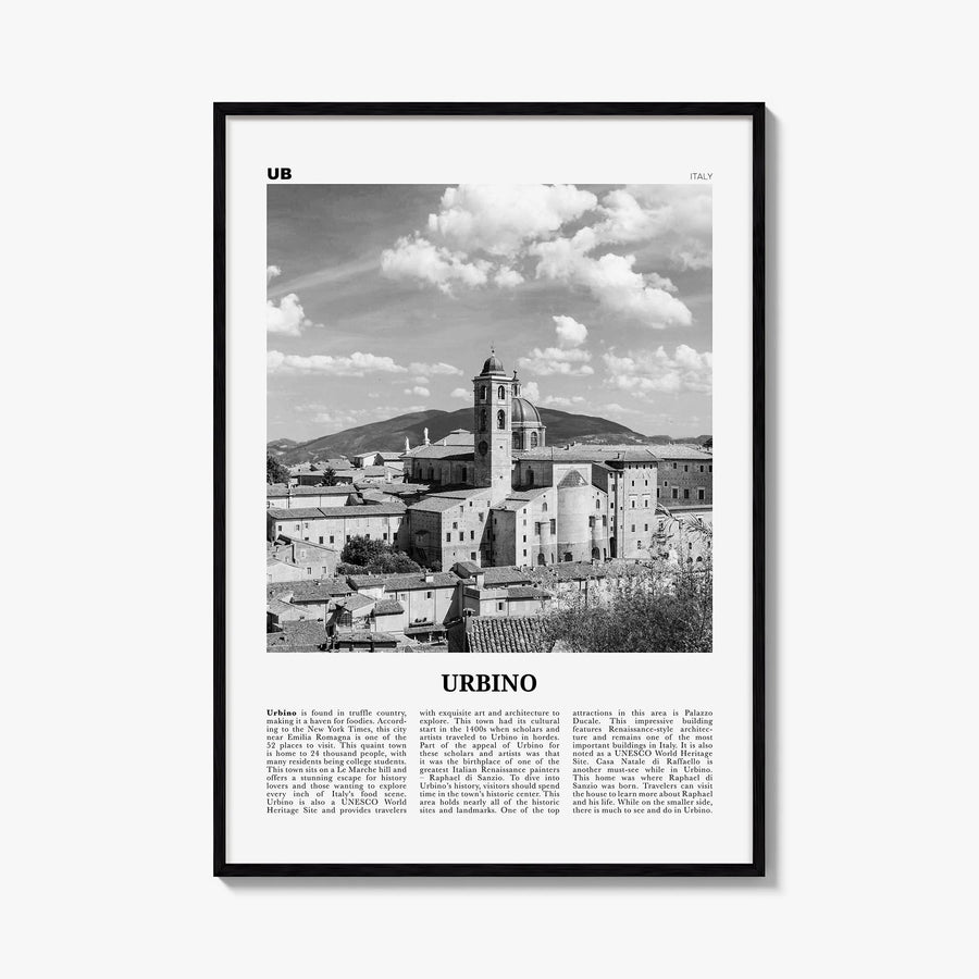 Urbino black & white newspaper poster of Italy – vertical wall art, unframed print shown in interior mockup