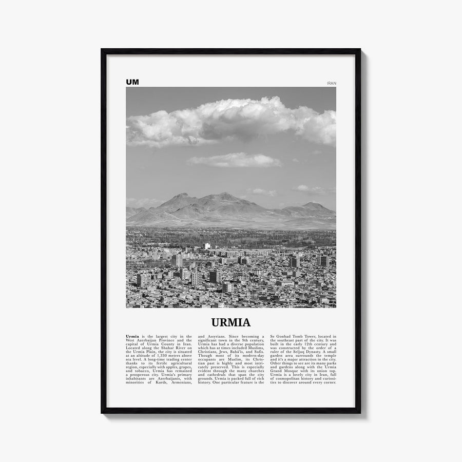 Urmia City black & white newspaper poster of Iran – vertical wall art, unframed print shown in interior mockup