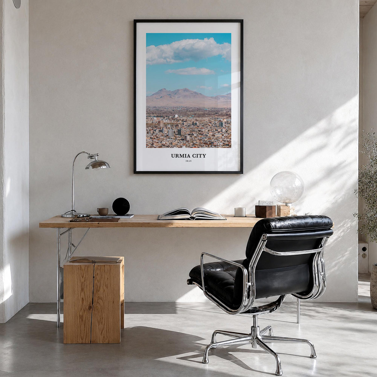 Urmia City colorful classic poster of Iran – vertical wall art in black wood frame, hanging on wall