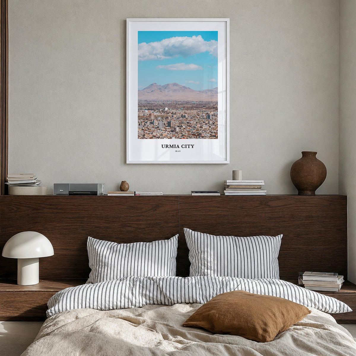 Urmia City colorful classic poster of Iran – vertical wall art in white wood frame, hanging on wall