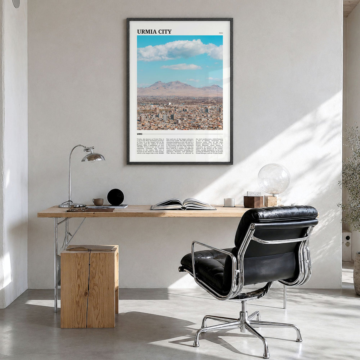 Urmia City Travel Poster in a black wood frame, hanging in a bright home office
