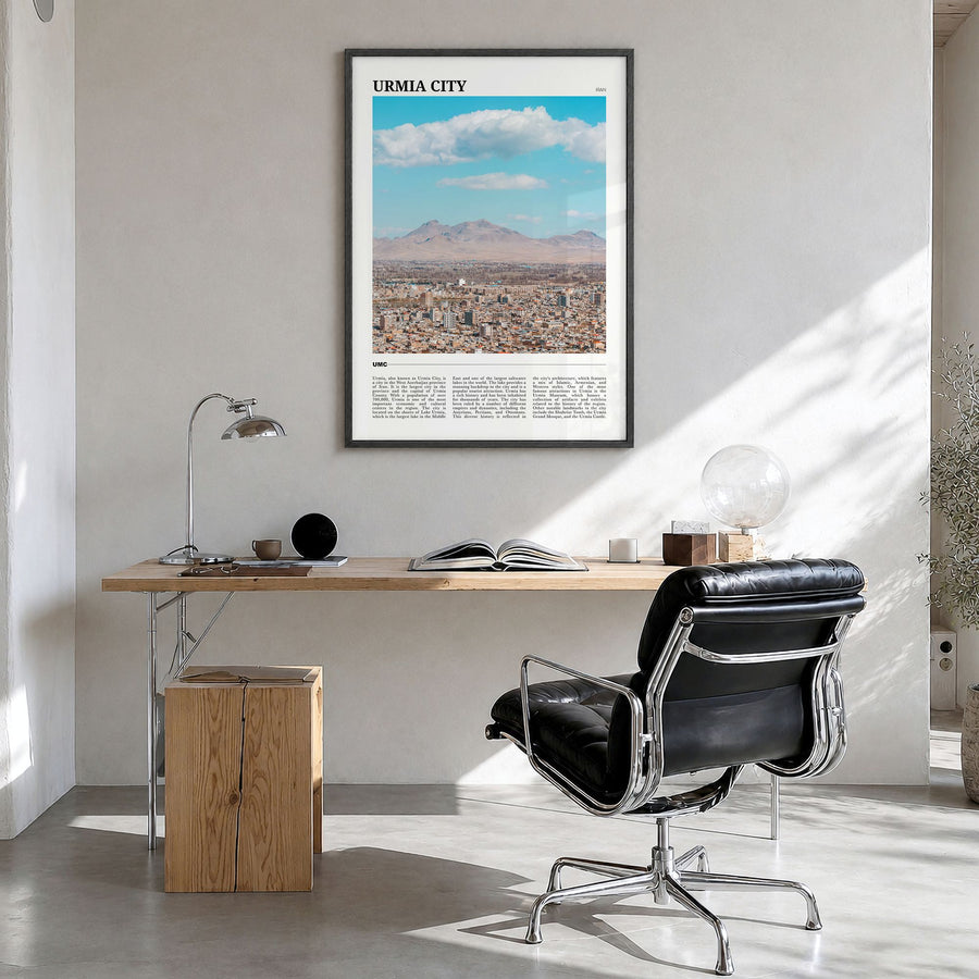 Urmia City Travel Poster in a black wood frame, hanging in a bright home office