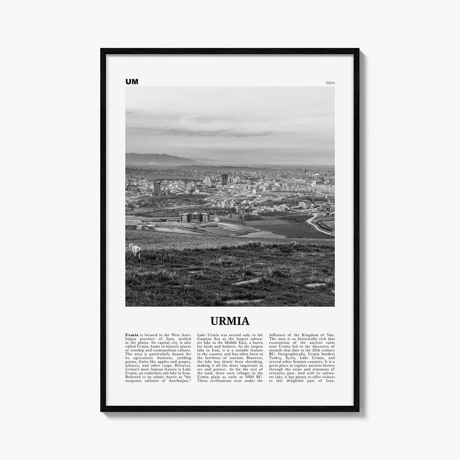 Urmia (County) black & white newspaper poster of Iran – vertical wall art, unframed print shown in interior mockup