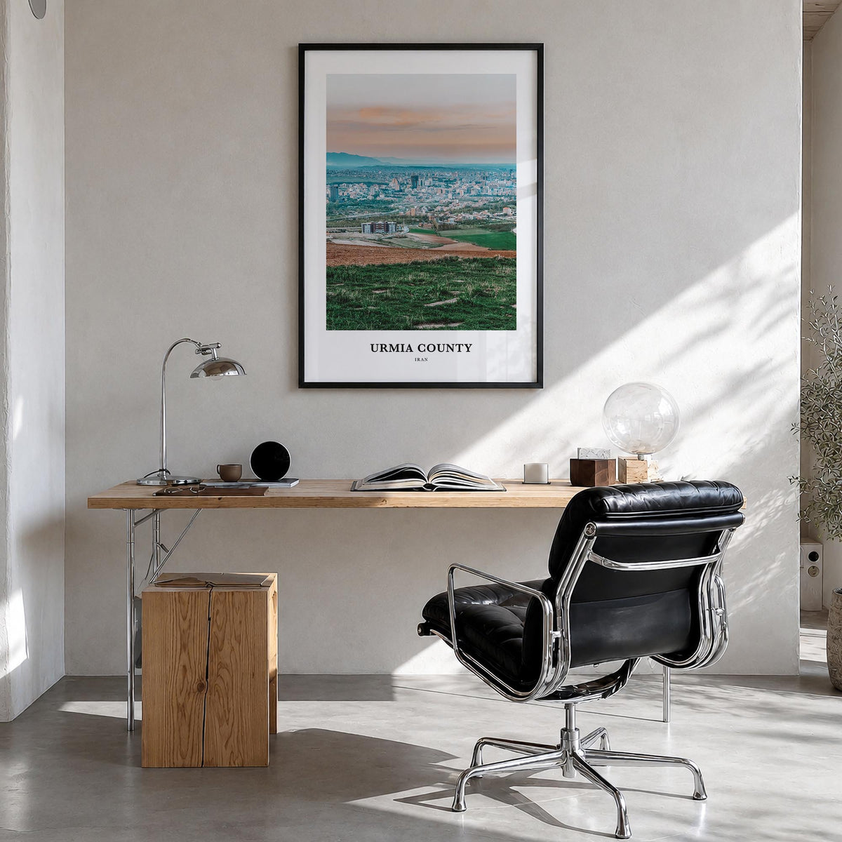 Urmia (County) colorful classic poster of Iran – vertical wall art in black wood frame, hanging on wall