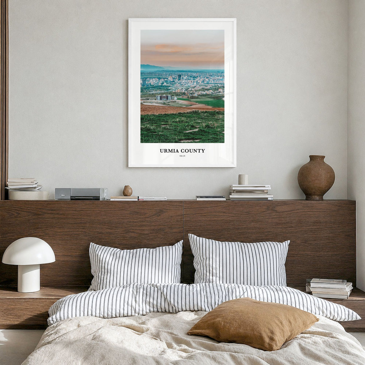 Urmia County Classic Poster in a white wood frame, hanging in a bedroom