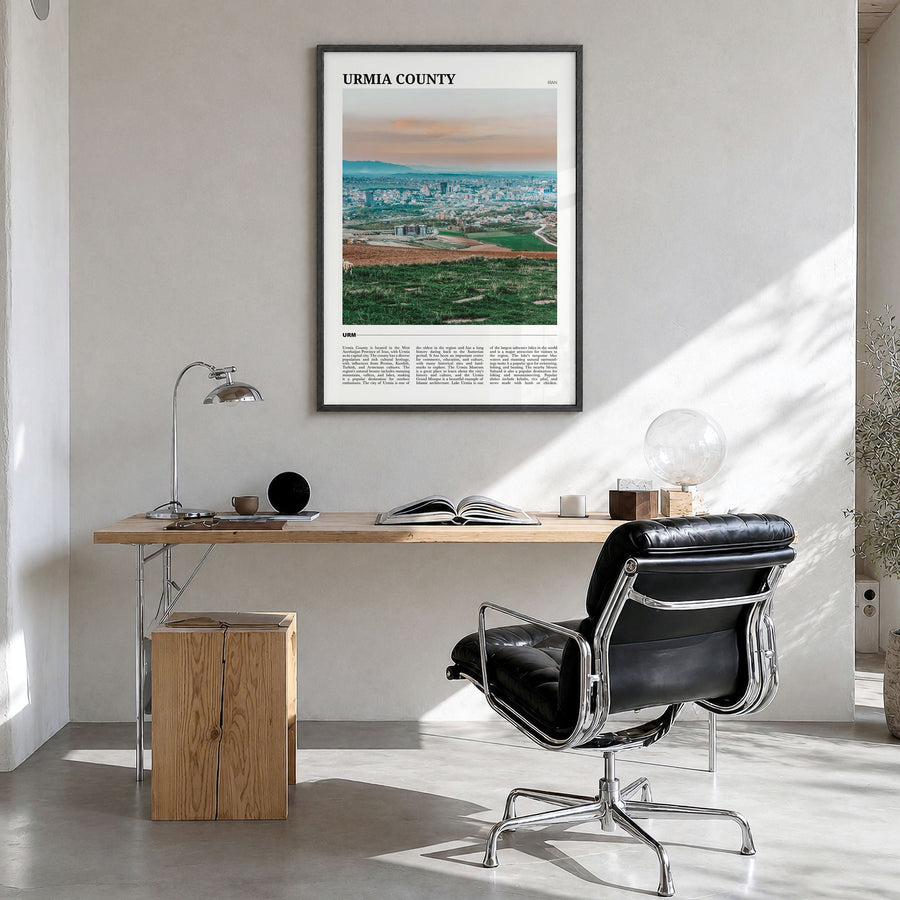 Urmia County Travel Poster in a black wood frame, hanging in a bright home office