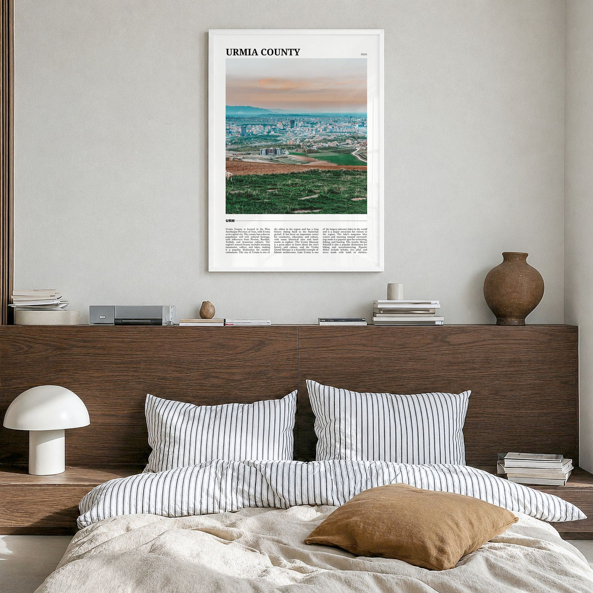 Urmia County Travel Poster in a white wood frame, hanging in a bedroom
