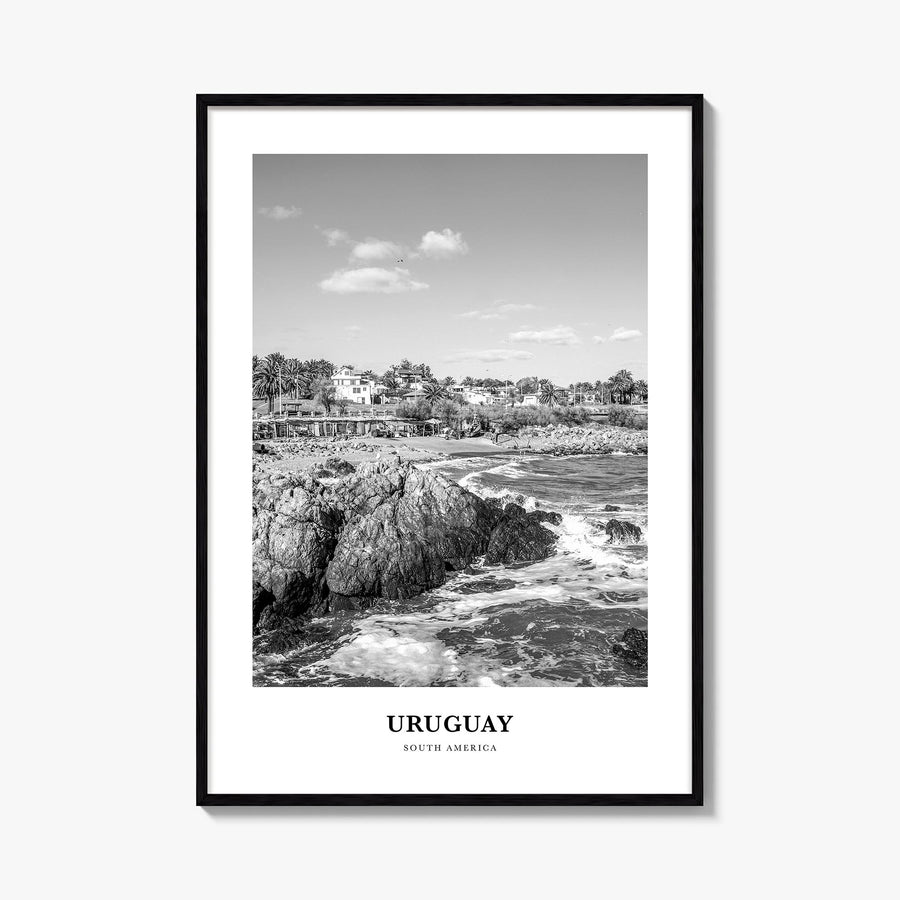 Uruguay black & white classic poster of South America – vertical wall art, unframed print shown in interior mockup