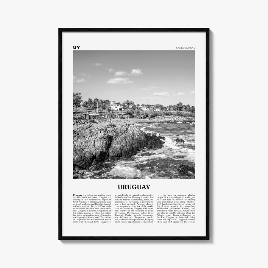 Uruguay black & white newspaper poster of South America – vertical wall art, unframed print shown in interior mockup