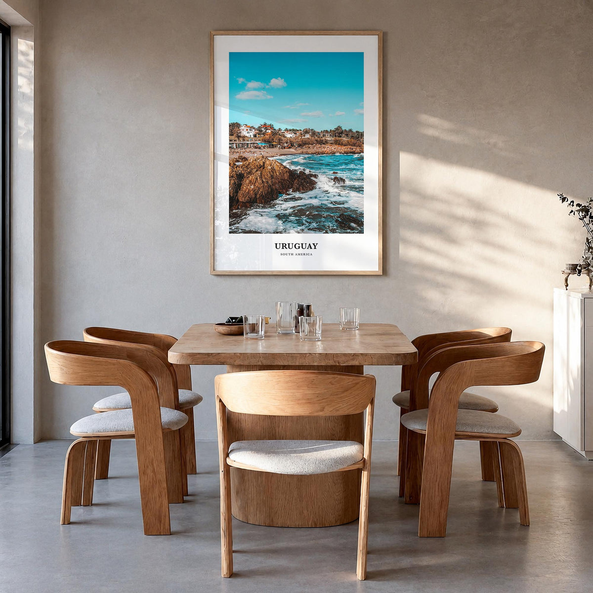 Uruguay colorful classic poster of South America – vertical wall art in natural wood frame, hanging on wall