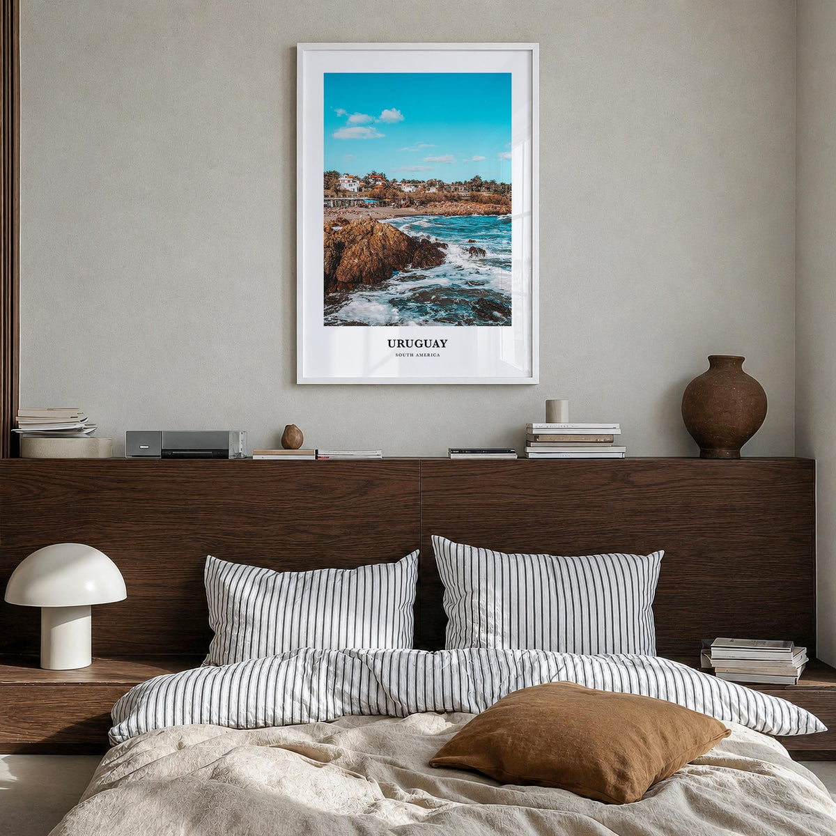 Uruguay colorful classic poster of South America – vertical wall art in white wood frame, hanging on wall