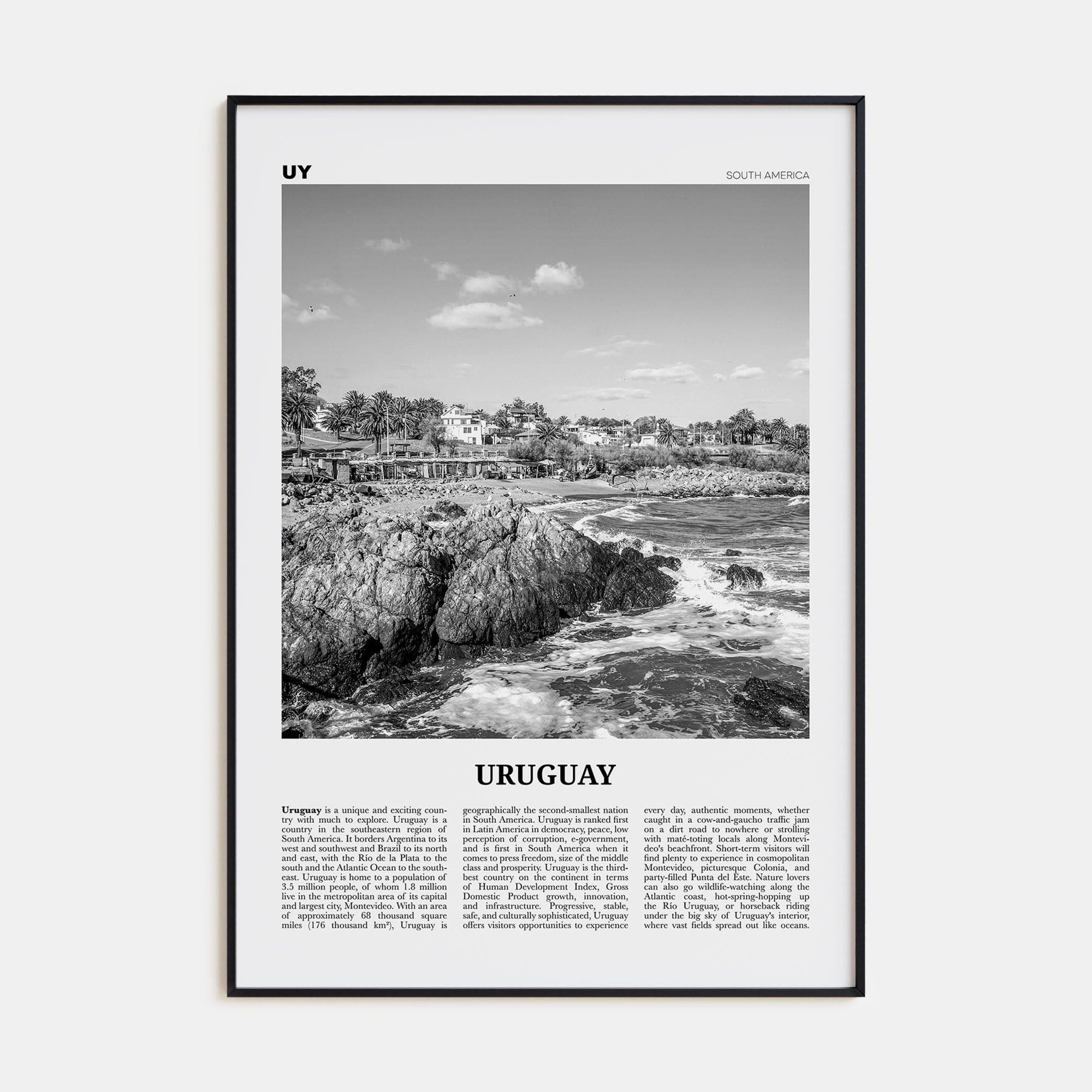 Uruguay Poster Black Metal / 8x12 in Nbourhood Travel B&W Poster