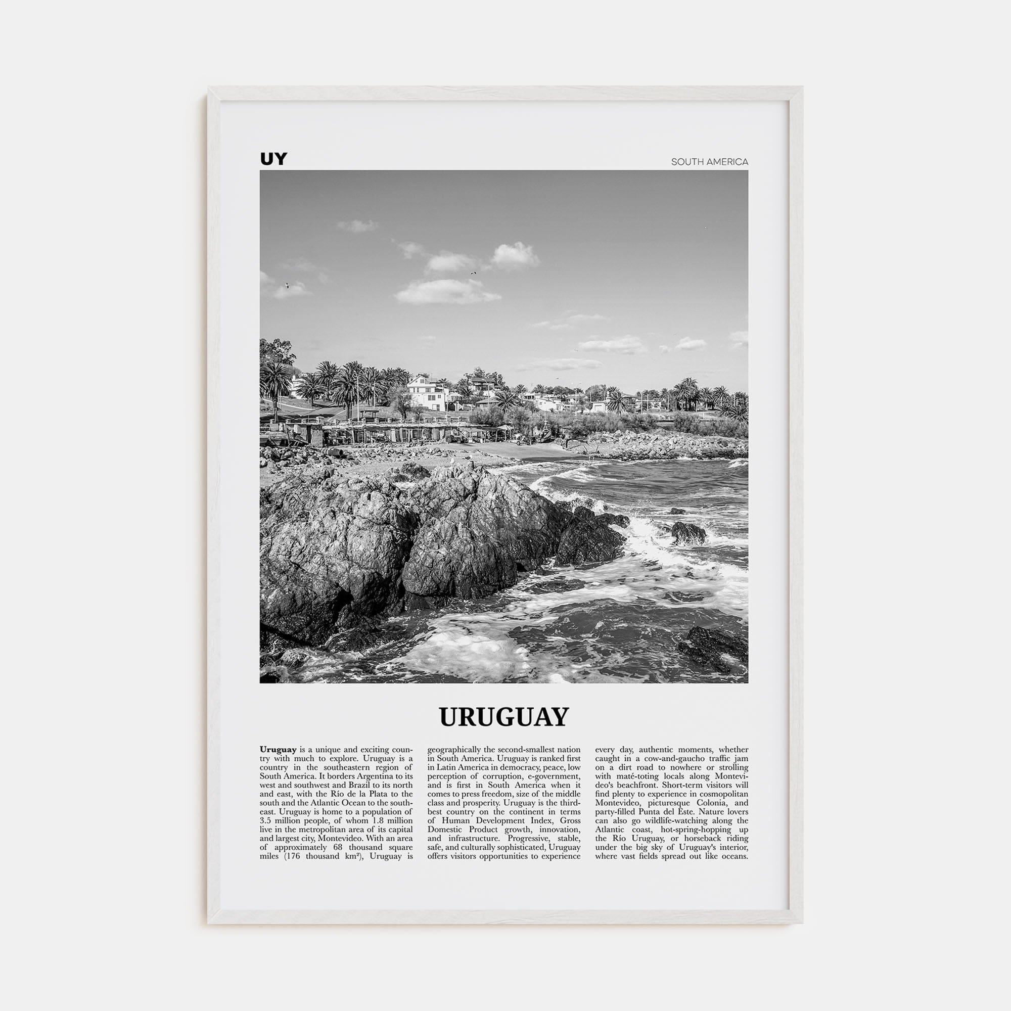 Uruguay Poster White Wood / 8x12 in Nbourhood Travel B&W Poster