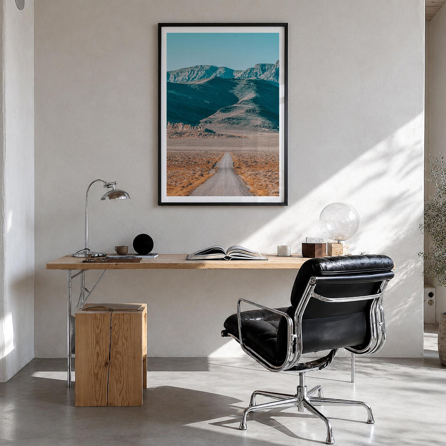 U.S. Route 50 colorful photo poster of United States – vertical wall art in black wood frame with white border, hanging on wa