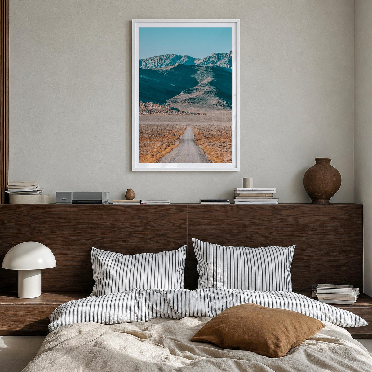 U.S. Route 50 colorful photo poster of United States – vertical wall art in white wood frame with white border, hanging on wa