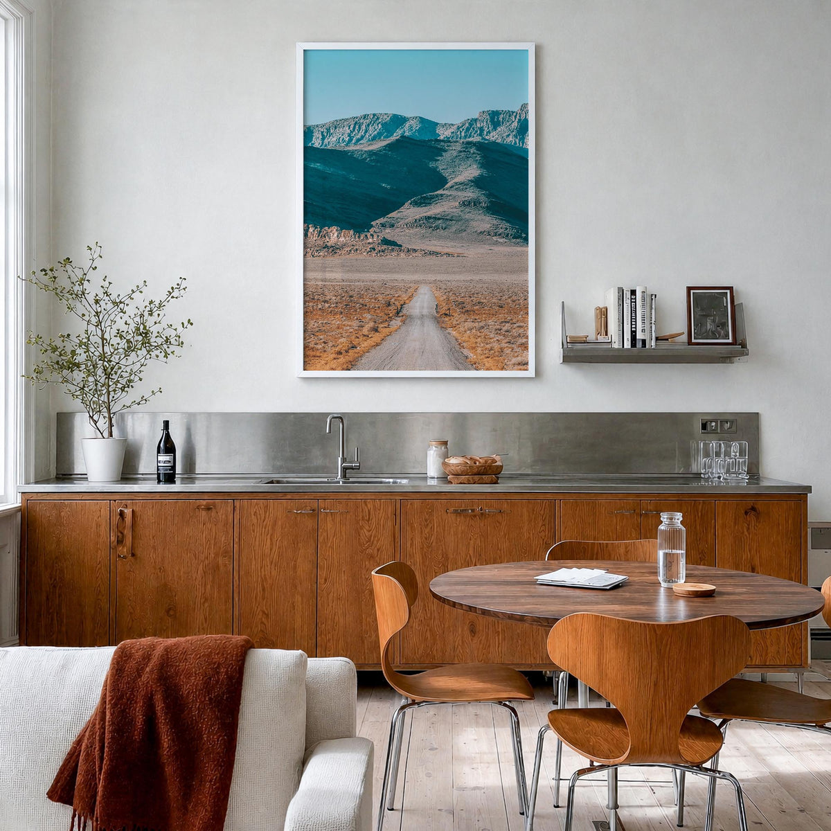 U.S. Route 50 colorful photo poster of United States – vertical wall art in white wood frame, hanging on wall