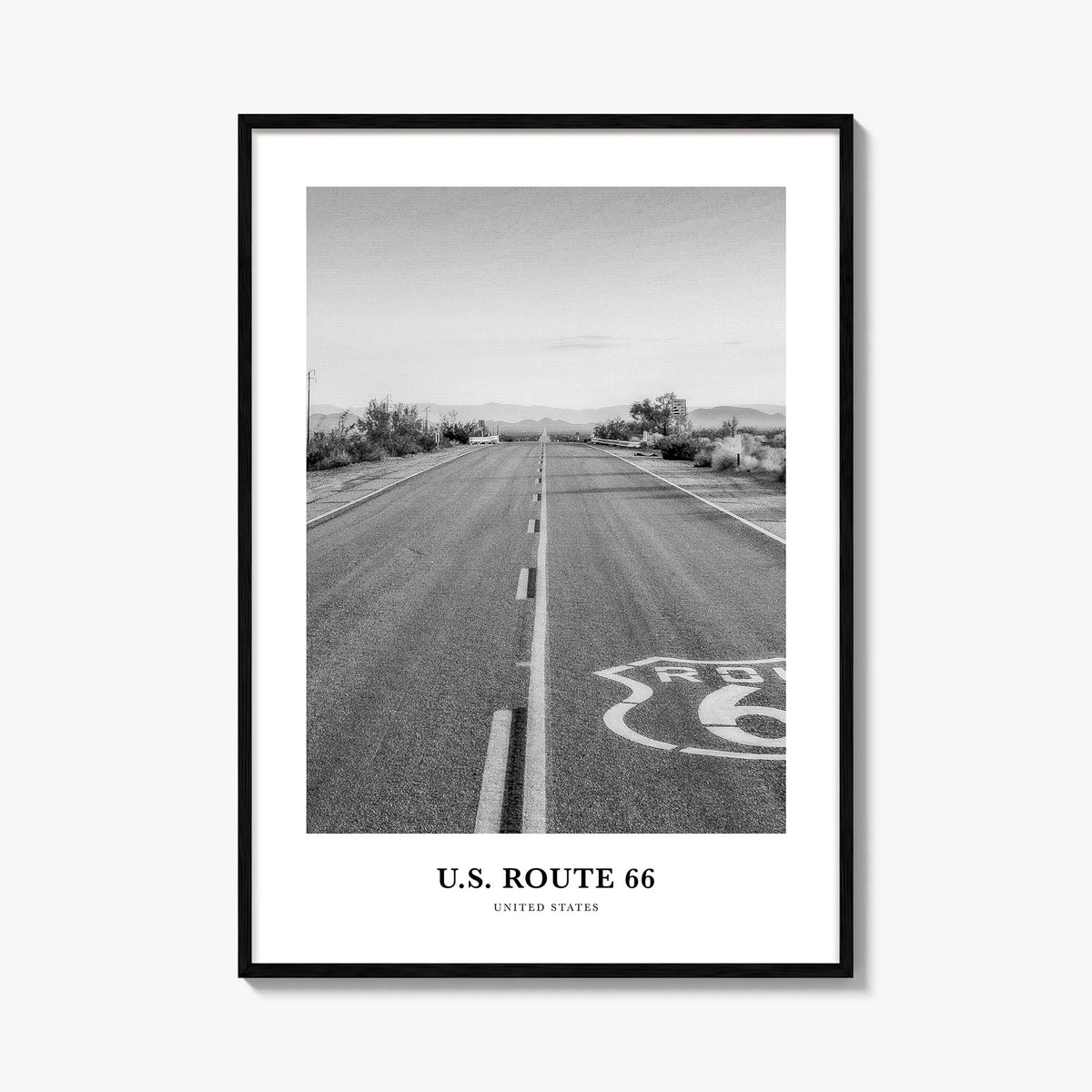 U.S. Route 66 black & white classic poster of United States – vertical wall art, unframed print shown in interior mockup