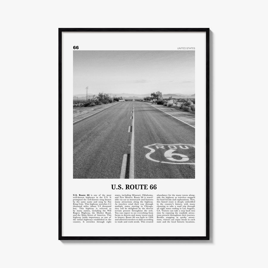 U.S. Route 66 black & white newspaper poster of United States – vertical wall art, unframed print shown in interior mockup