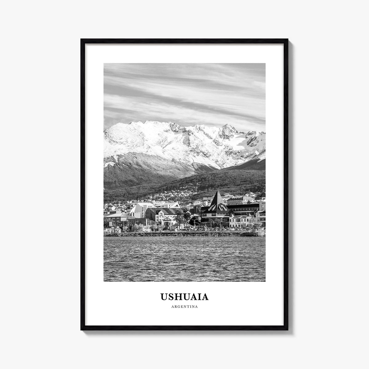 Ushuaia black & white classic poster of Argentina – vertical wall art, unframed print shown in interior mockup