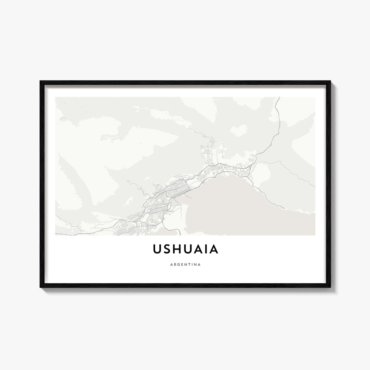Ushuaia black & white map poster of Argentina – horizontal wall art, unframed print shown in interior mockup