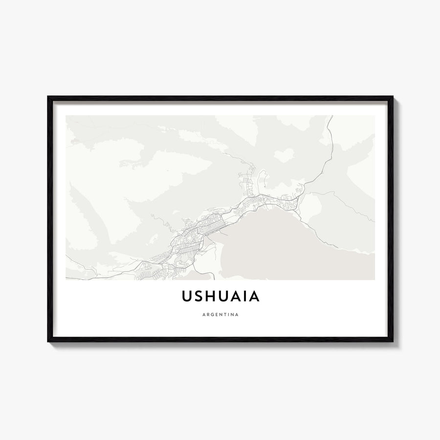 Ushuaia black & white map poster of Argentina – horizontal wall art, unframed print shown in interior mockup