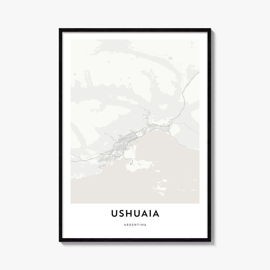 Ushuaia black & white map poster of Argentina – vertical wall art, unframed print shown in interior mockup