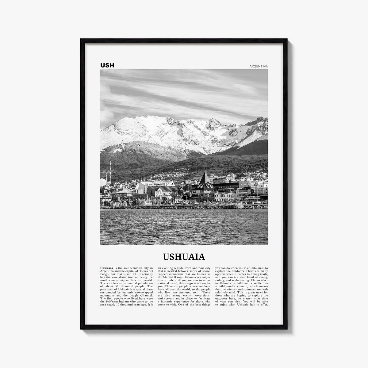Ushuaia black & white newspaper poster of Argentina – vertical wall art, unframed print shown in interior mockup