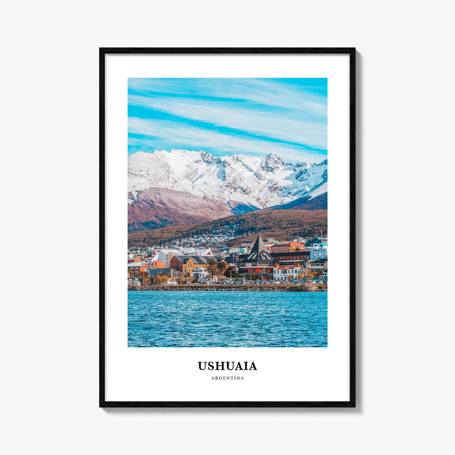 Ushuaia colorful classic poster of Argentina – vertical wall art, unframed print shown in interior mockup