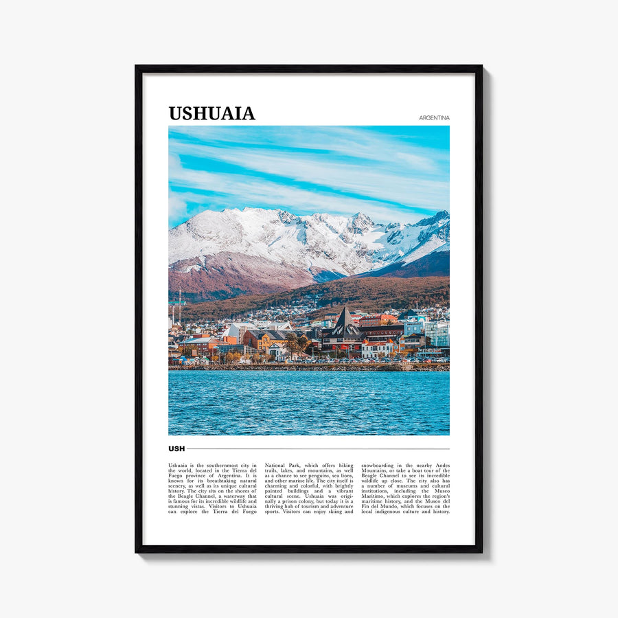 Ushuaia colorful travel poster of Argentina – vertical wall art, unframed print shown in interior mockup