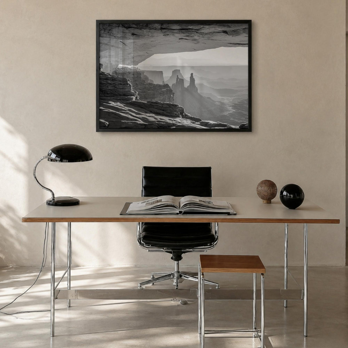 Utah black & white photo poster of United States – horizontal wall art in black wood frame, hanging on wall