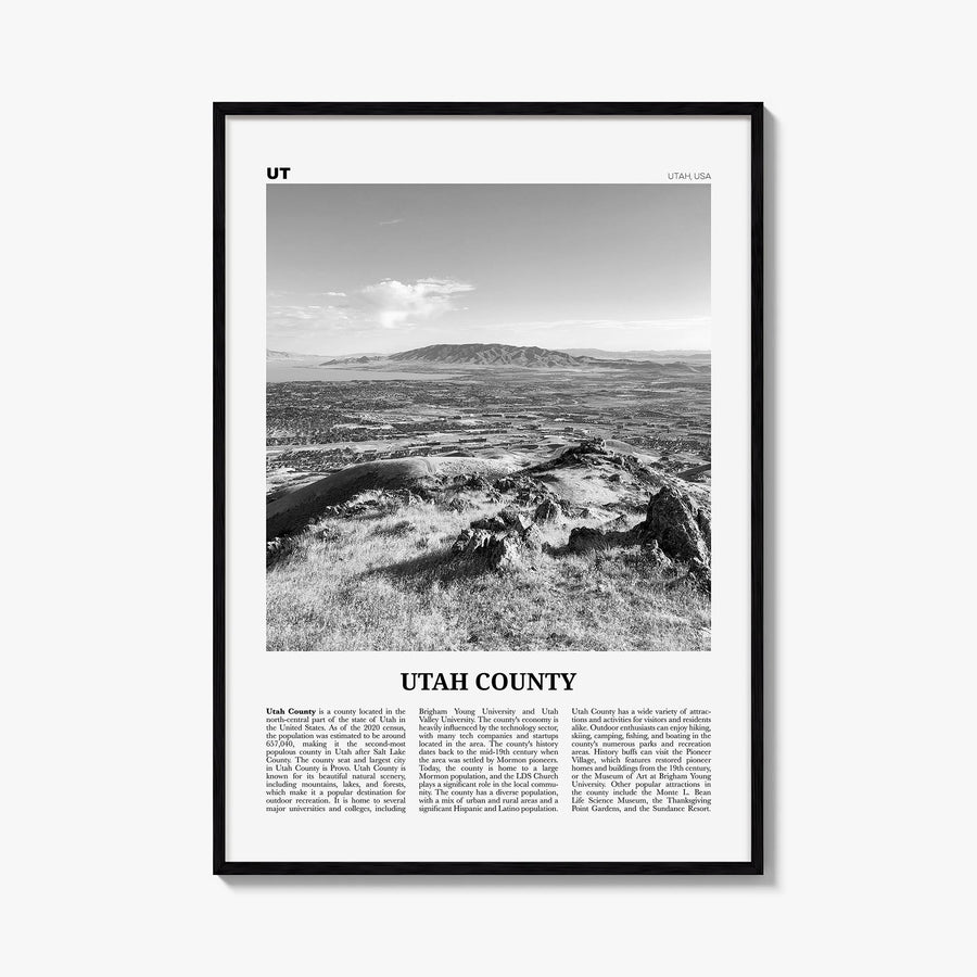Utah County black & white newspaper poster of Utah, USA – vertical wall art, unframed print shown in interior mockup