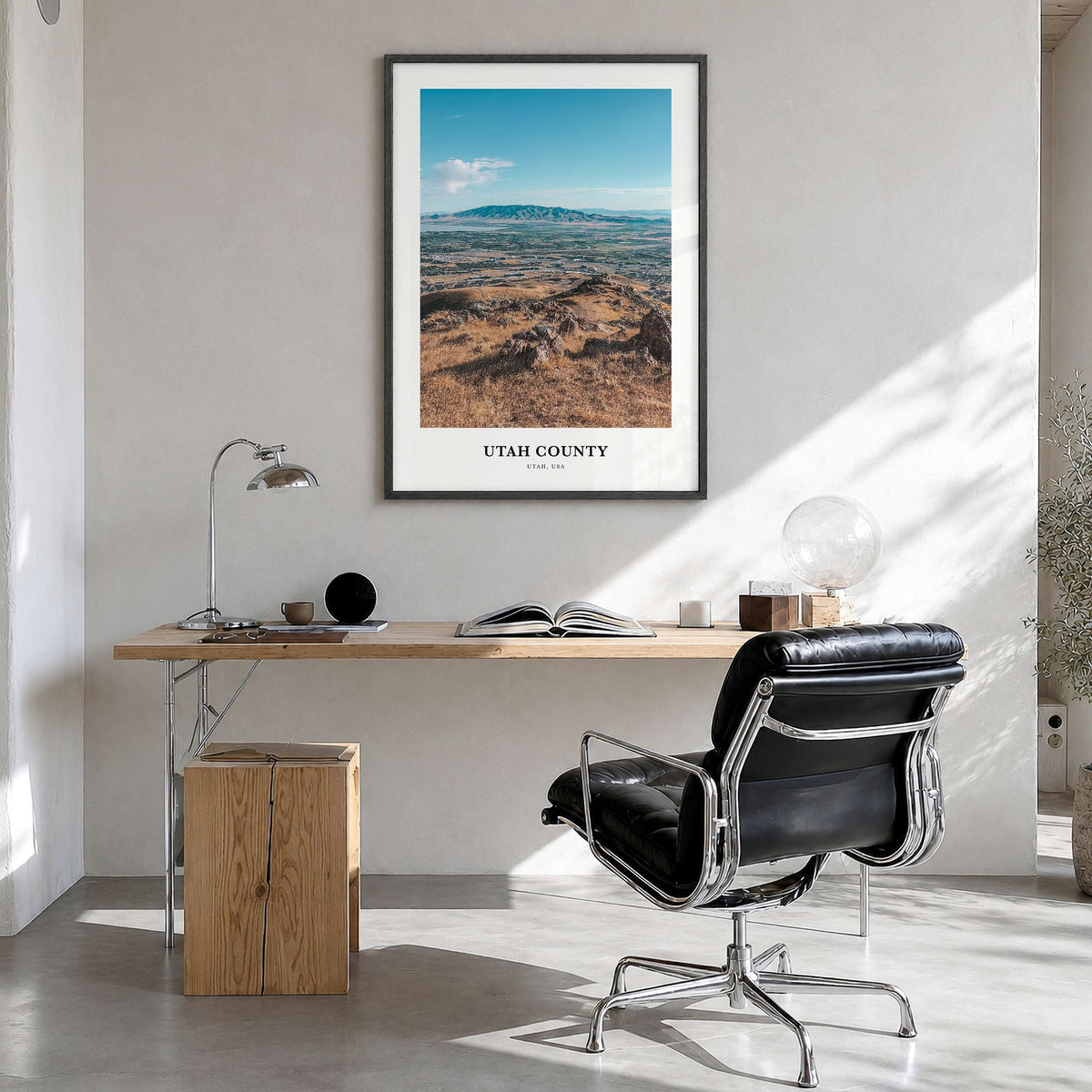 Utah County Classic Poster in a black wood frame, hanging in a bright home office