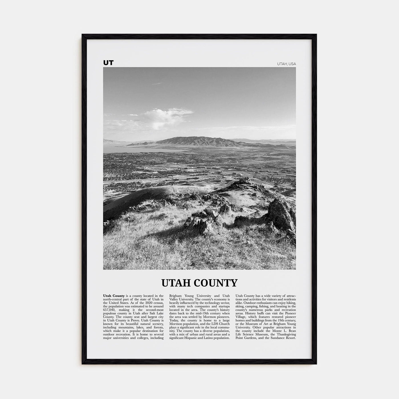 Utah County Poster Black Wood / 8x12 in Nbourhood Travel B&W Poster
