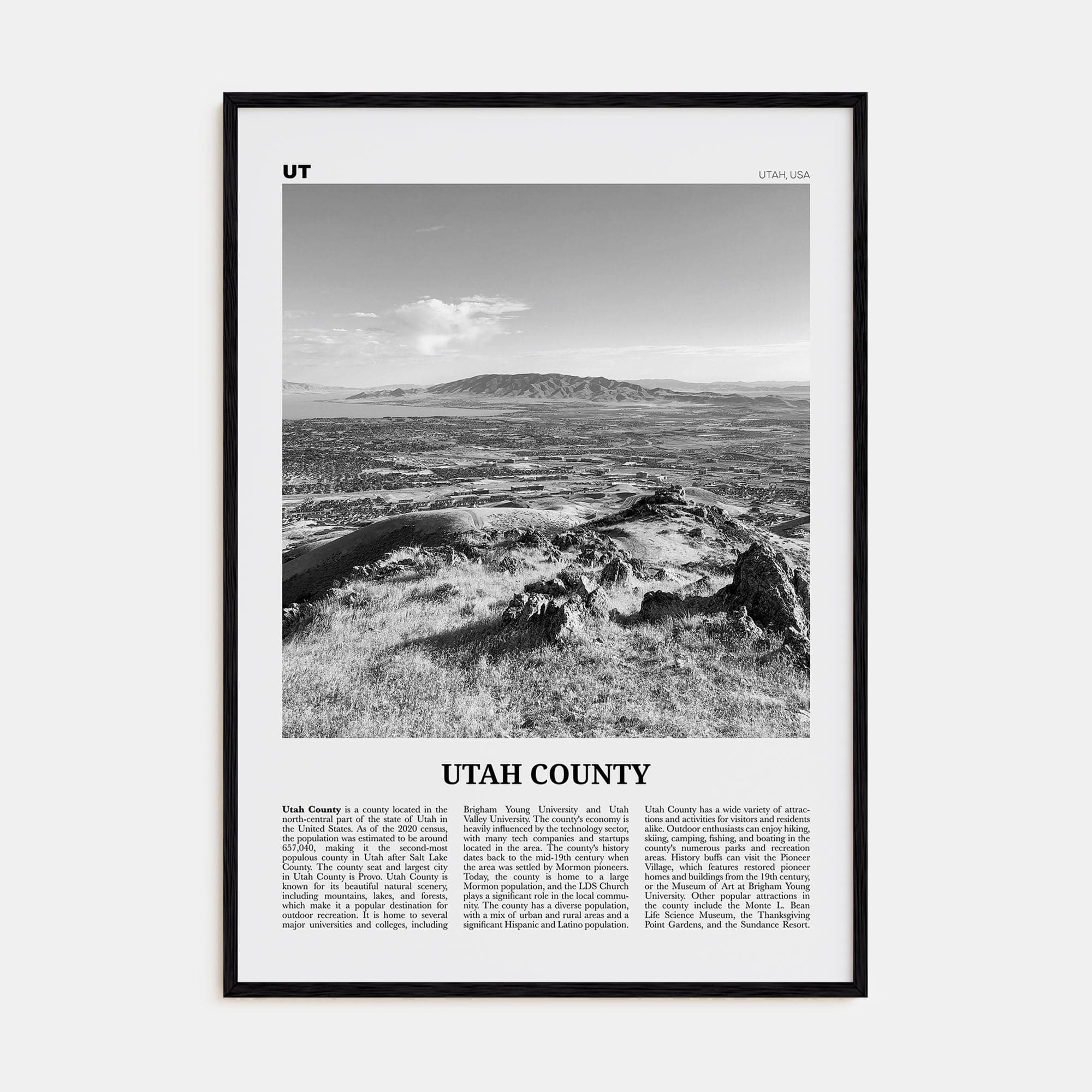 Utah County Poster Black Wood / 8x12 in Nbourhood Travel B&W Poster
