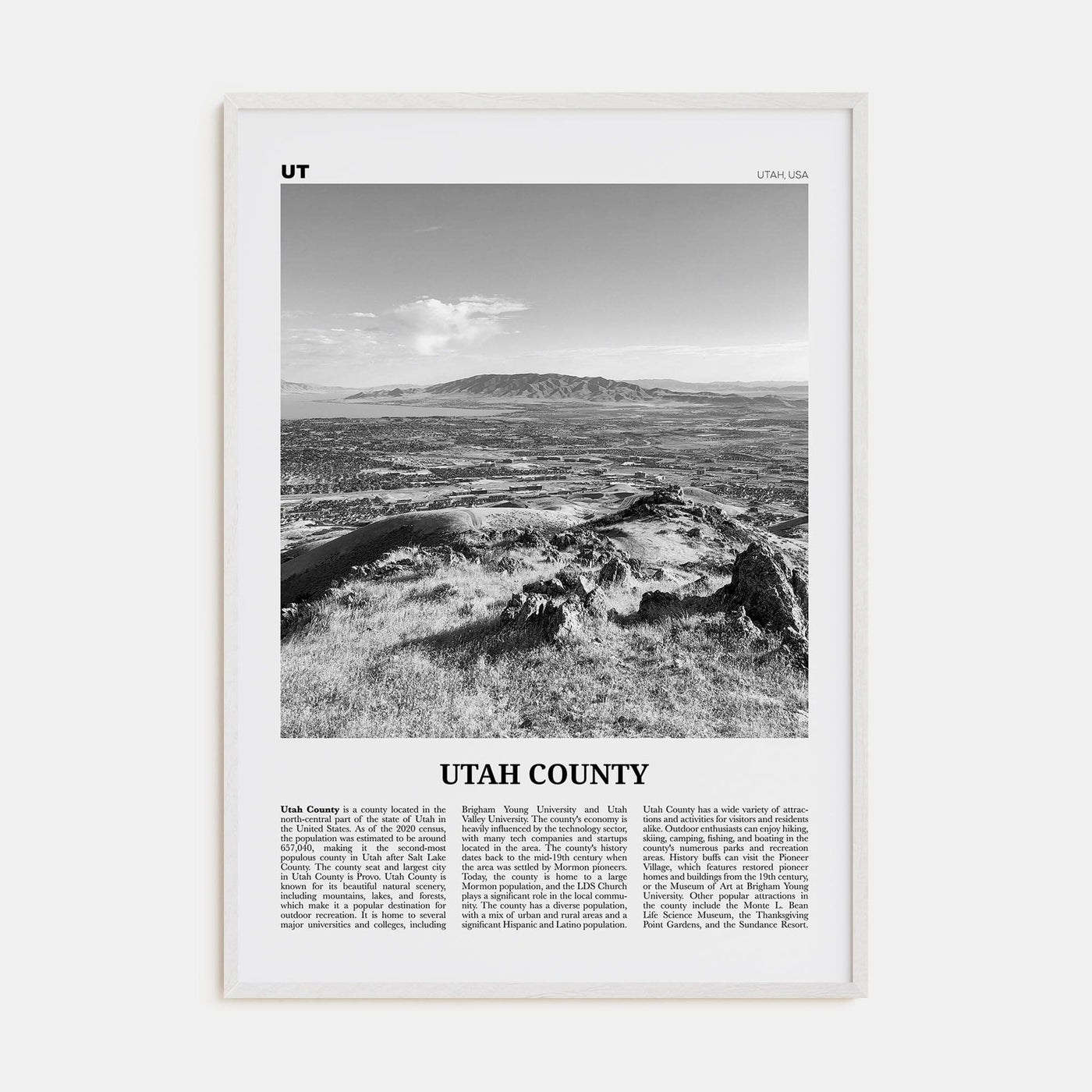 Utah County Poster White Wood / 8x12 in Nbourhood Travel B&W Poster