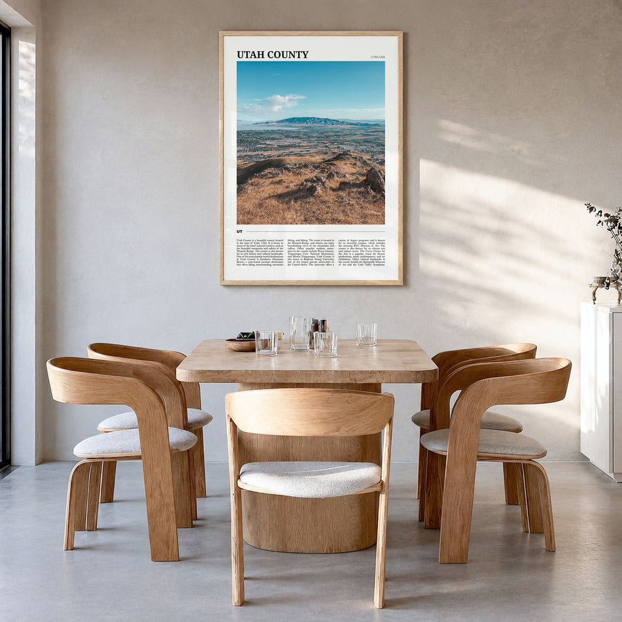 Utah County Travel Poster in a natural wood frame, hanging in a dining room