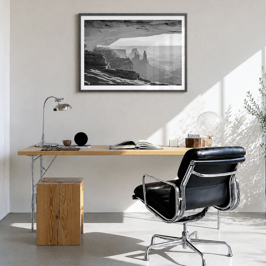 Utah Photo Poster in a black wood frame, hanging in a bright home office, white border