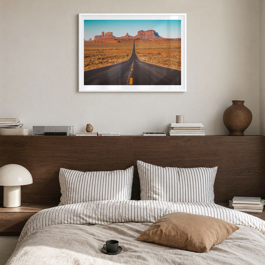 Utah Photo Poster in a white wood frame, hanging in a bedroom, white border