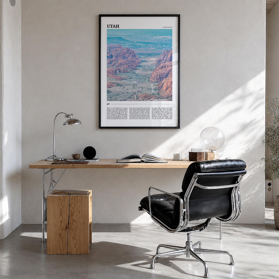 Utah no. 1 colorful travel poster of United States – vertical wall art in black wood frame, hanging on wall
