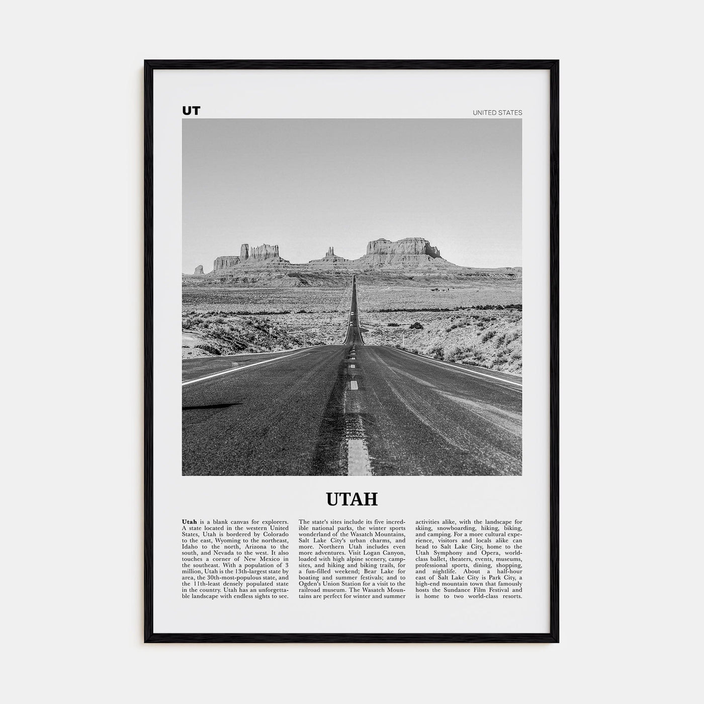 Utah No 1 Poster Black Wood / 8x12 in Nbourhood Travel B&W Poster