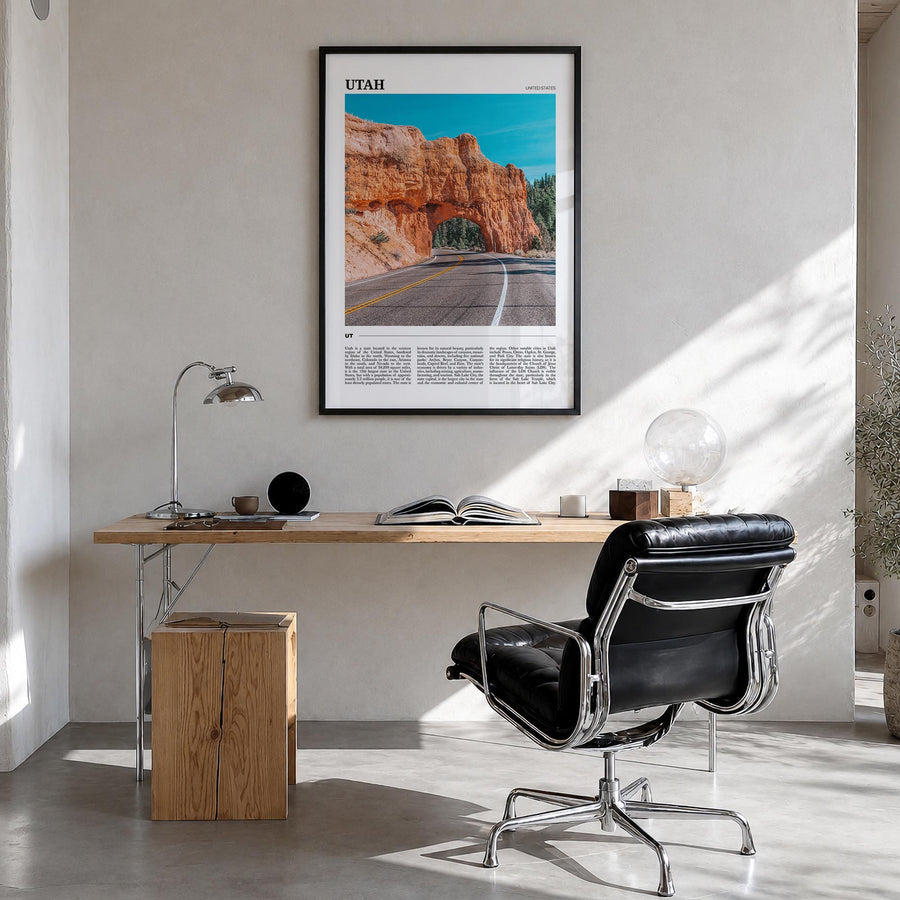 Utah no. 2 colorful travel poster of United States – vertical wall art in black wood frame, hanging on wall