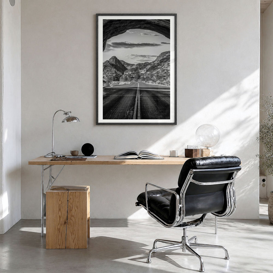 Utah Photo No 3 Poster in a black wood frame, hanging in a bright home office, white border